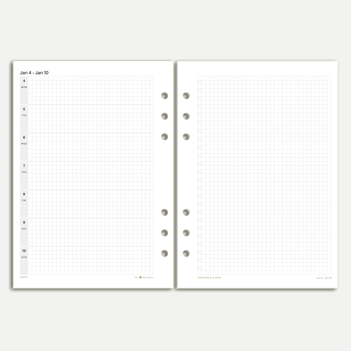 2027 horizontal weekly inserts in A5 six-ring format, showing January 4 to 10 and the facing grid checklist page