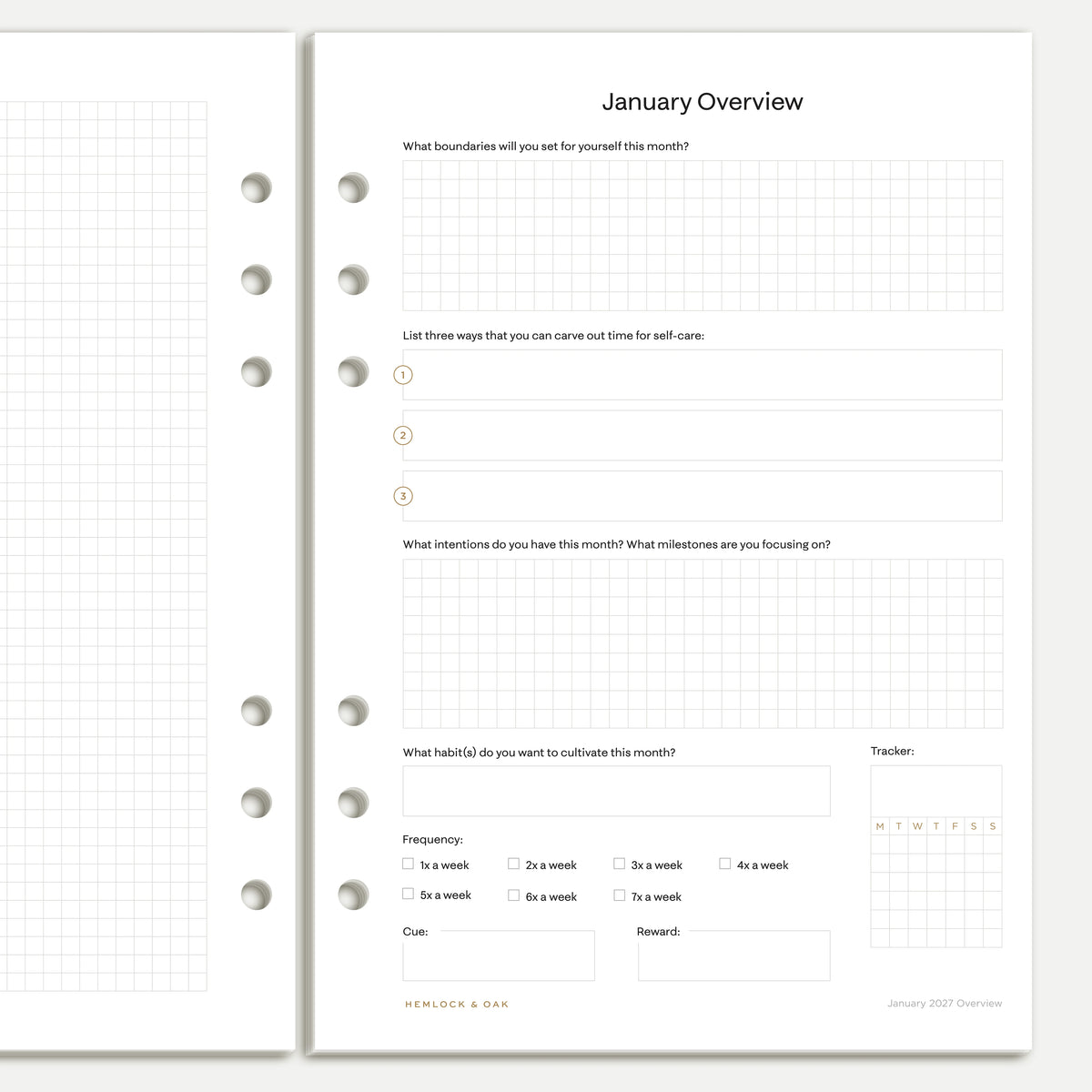 Close view of the January 2027 monthly overview with self-care prompts, intentions and habit tracking, A5 six-ring inserts