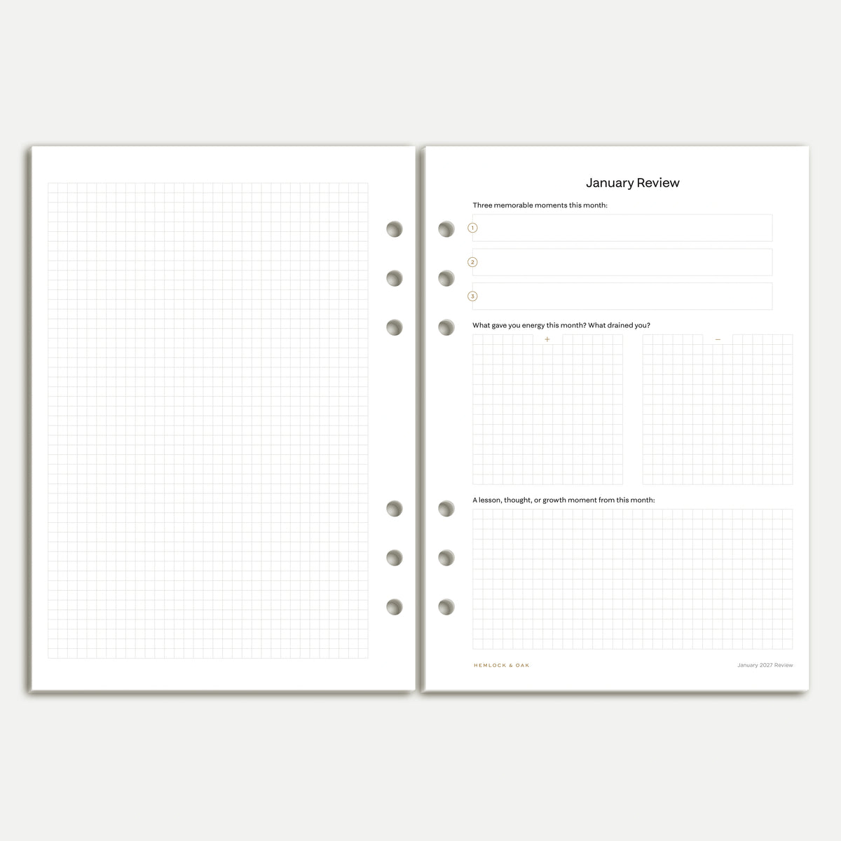 January 2027 monthly review beside a full grid notes page, A5 six-ring planner inserts