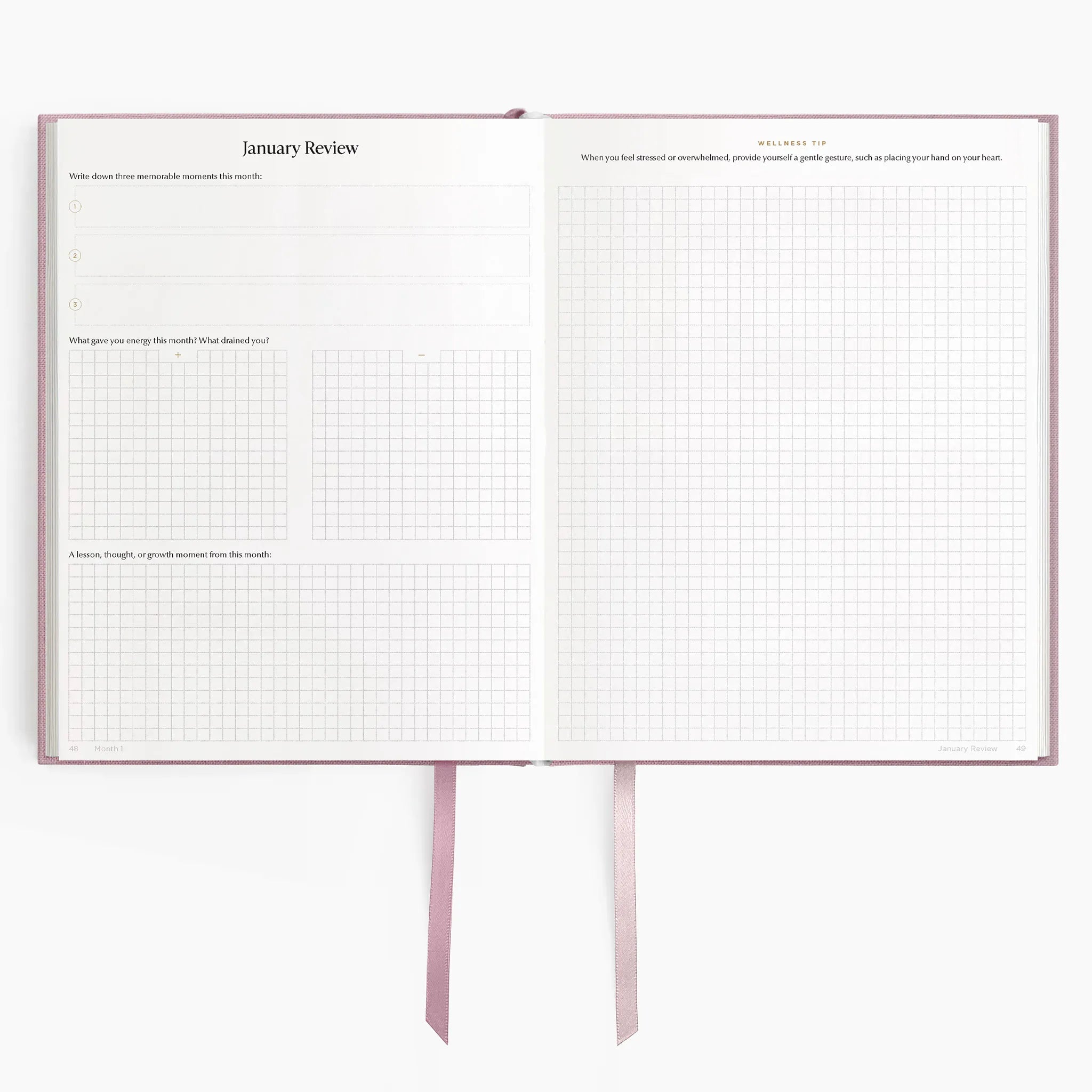 Imperfect 2026 Weekly Planner (Hardcover) in Blossomfield - monthly review spread on 120gsm paper #color_blossomfield