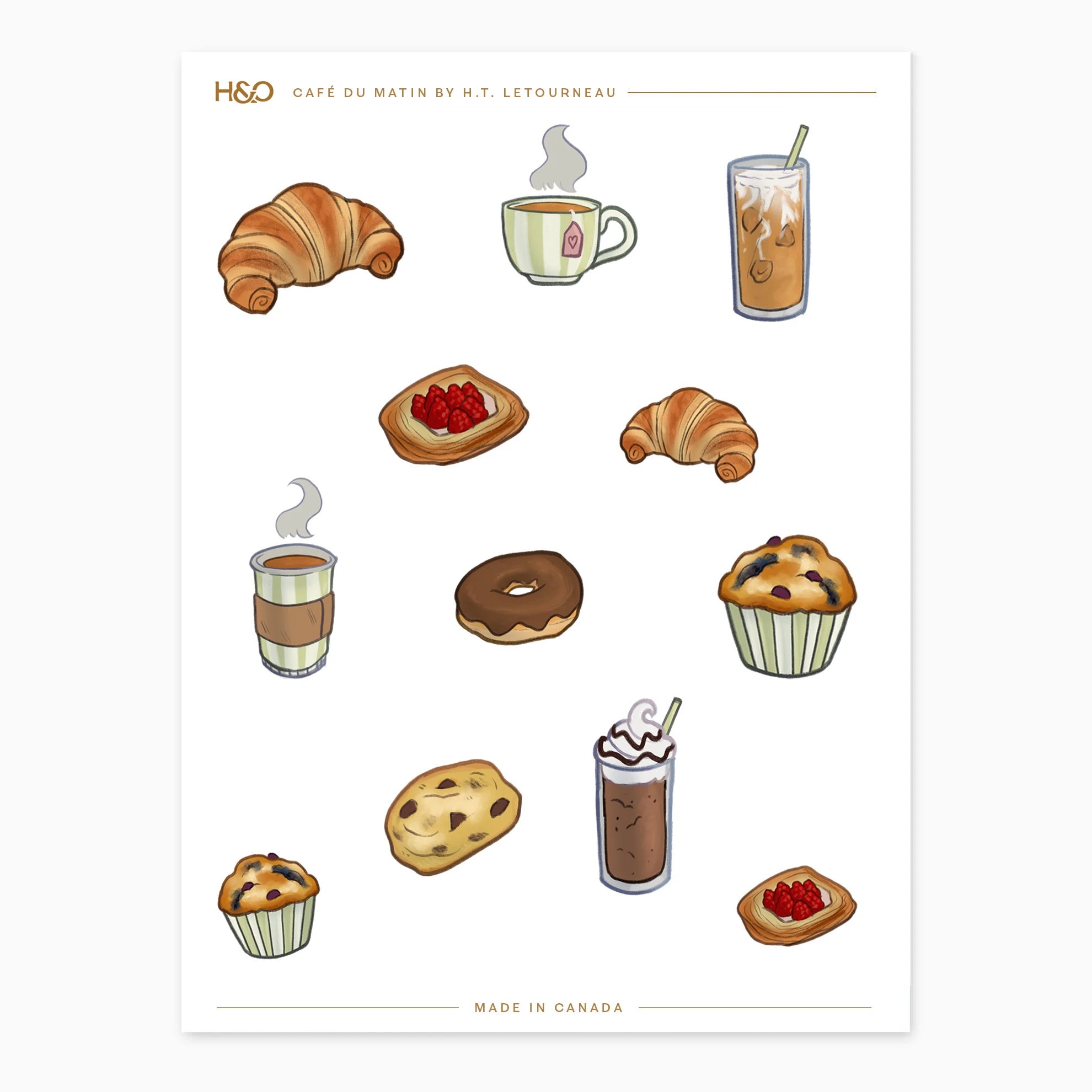 Café du Matin sticker sheet by H. T. Letourneau: 12 illustrated café stickers including croissants, a raspberry danish, a chocolate donut, a blueberry muffin, a cookie, tea, an iced latte and a whipped-cream mocha