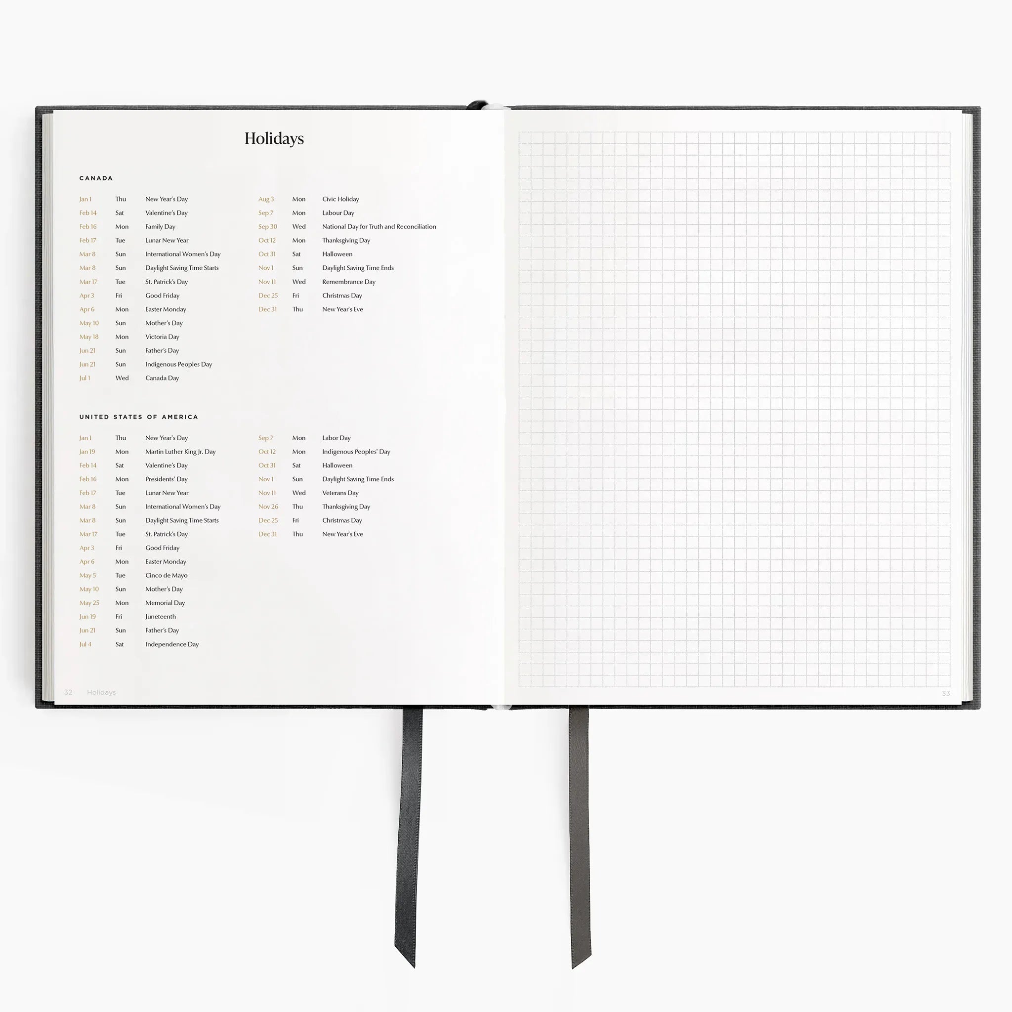 Imperfect 2026 Weekly Planner (Hardcover) in Charbon - holidays spread on 120gsm paper #color_charbon