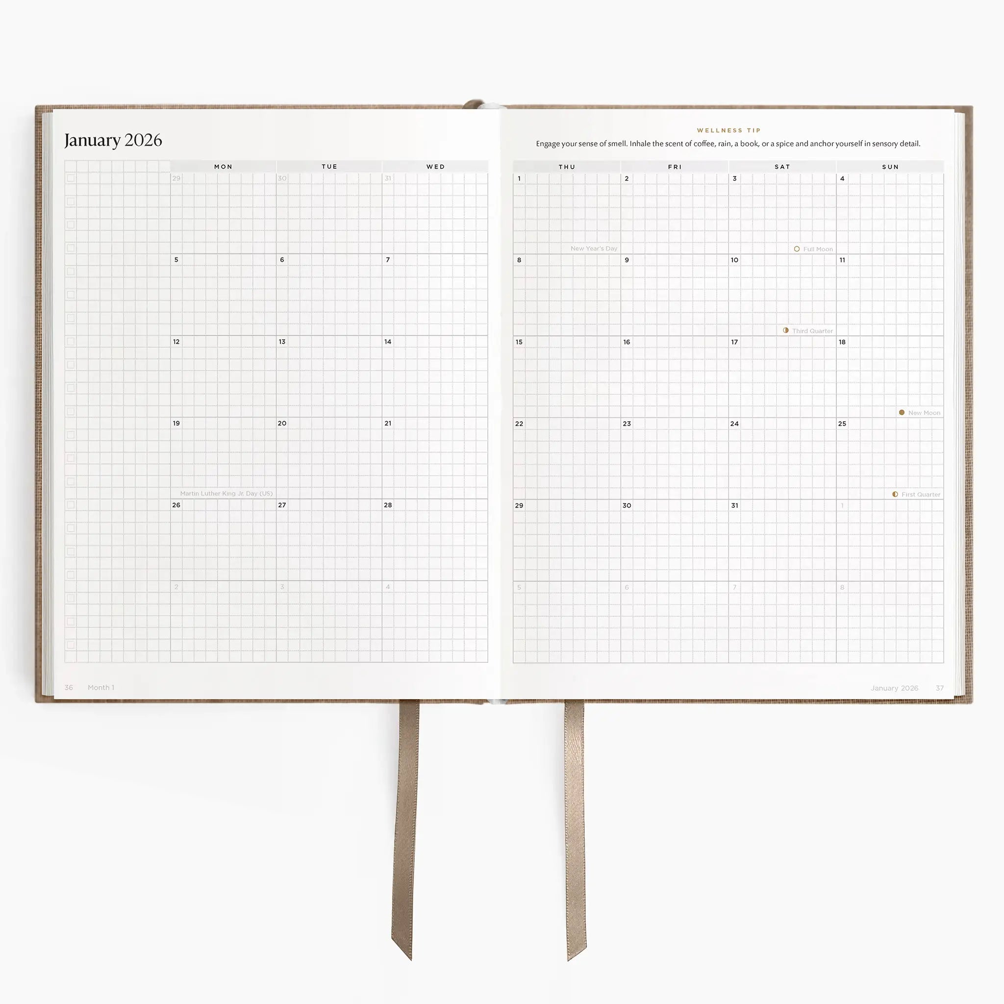 Imperfect 2026 Weekly Planner (Hardcover) in Fawn - calendar view spread on 120gsm paper #color_fawn