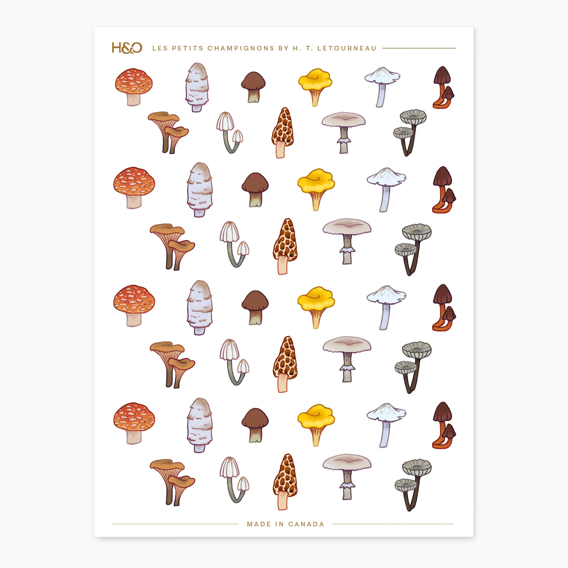 Les Petits Champignons sticker sheet by H. T. Letourneau: 44 miniature illustrated woodland mushroom stickers, eleven designs repeated four times