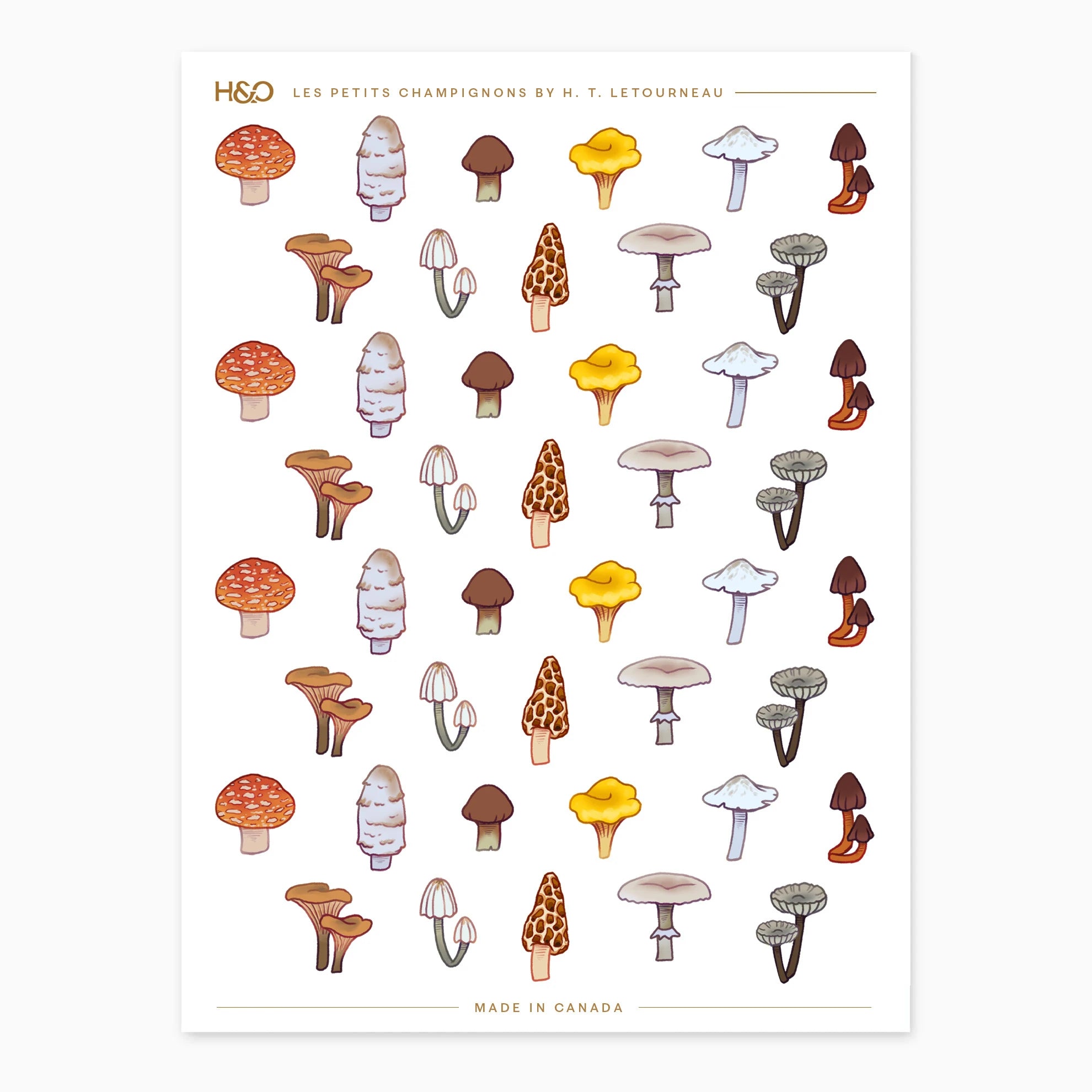 Les Petits Champignons sticker sheet by H. T. Letourneau: 44 miniature illustrated woodland mushroom stickers, eleven designs repeated four times