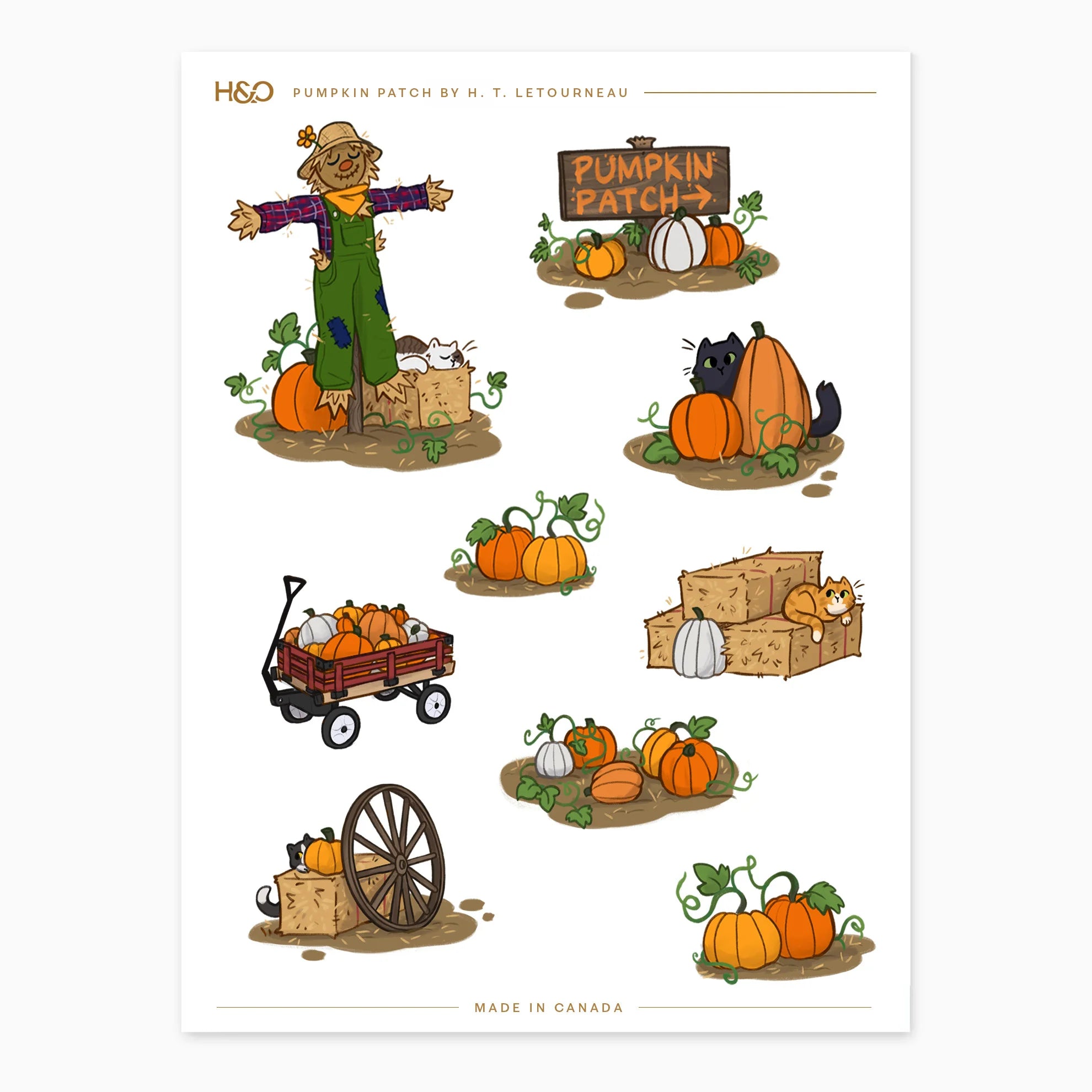 Pumpkin Patch sticker sheet with nine illustrations including a scarecrow, pumpkin patch sign, hay bales, a red wagon of pumpkins, and four cats