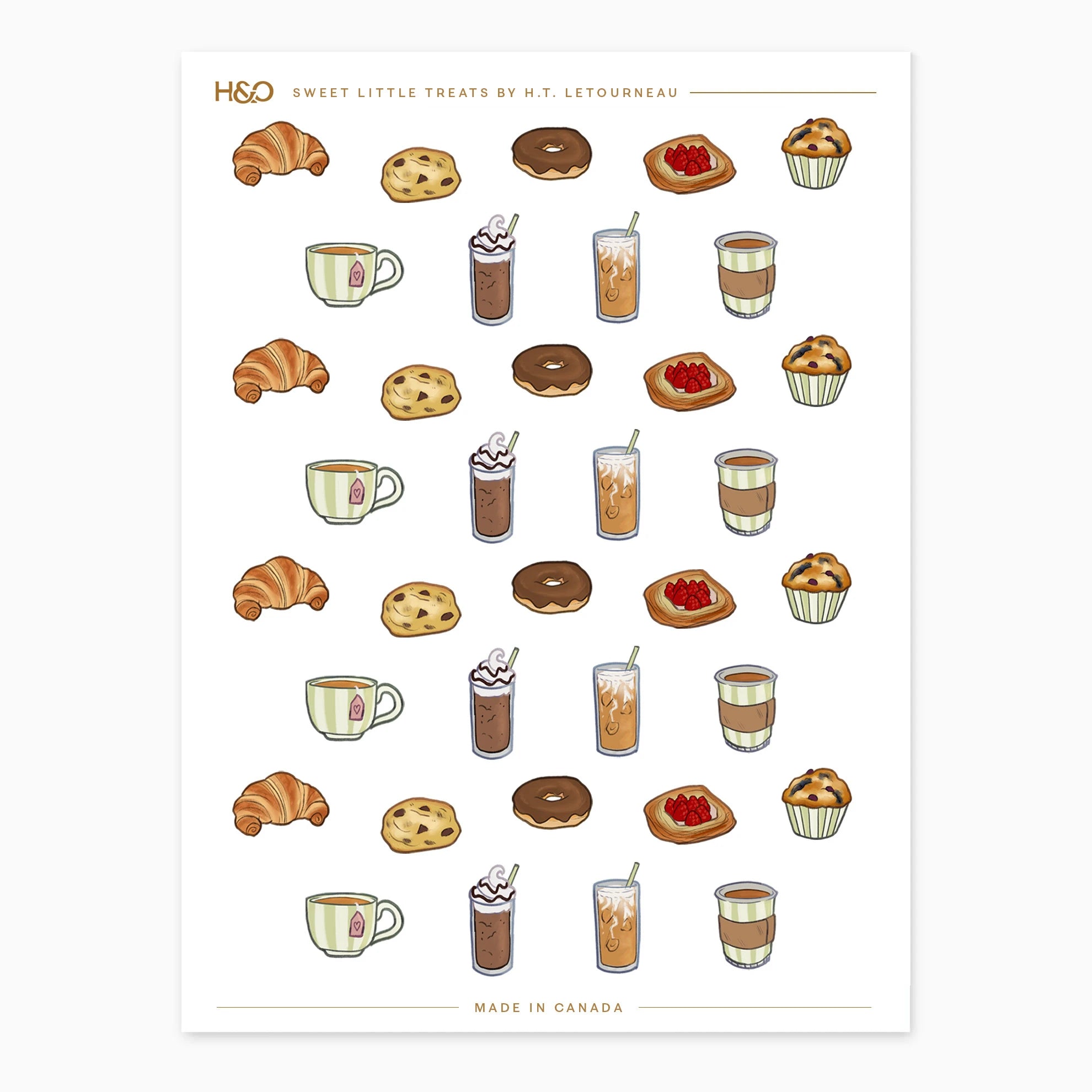 Sweet Little Treats sticker sheet by H. T. Letourneau: 36 miniature illustrated café stickers, nine designs repeated four times, including croissants, cookies, donuts, raspberry danishes, muffins, tea, iced lattes and mochas