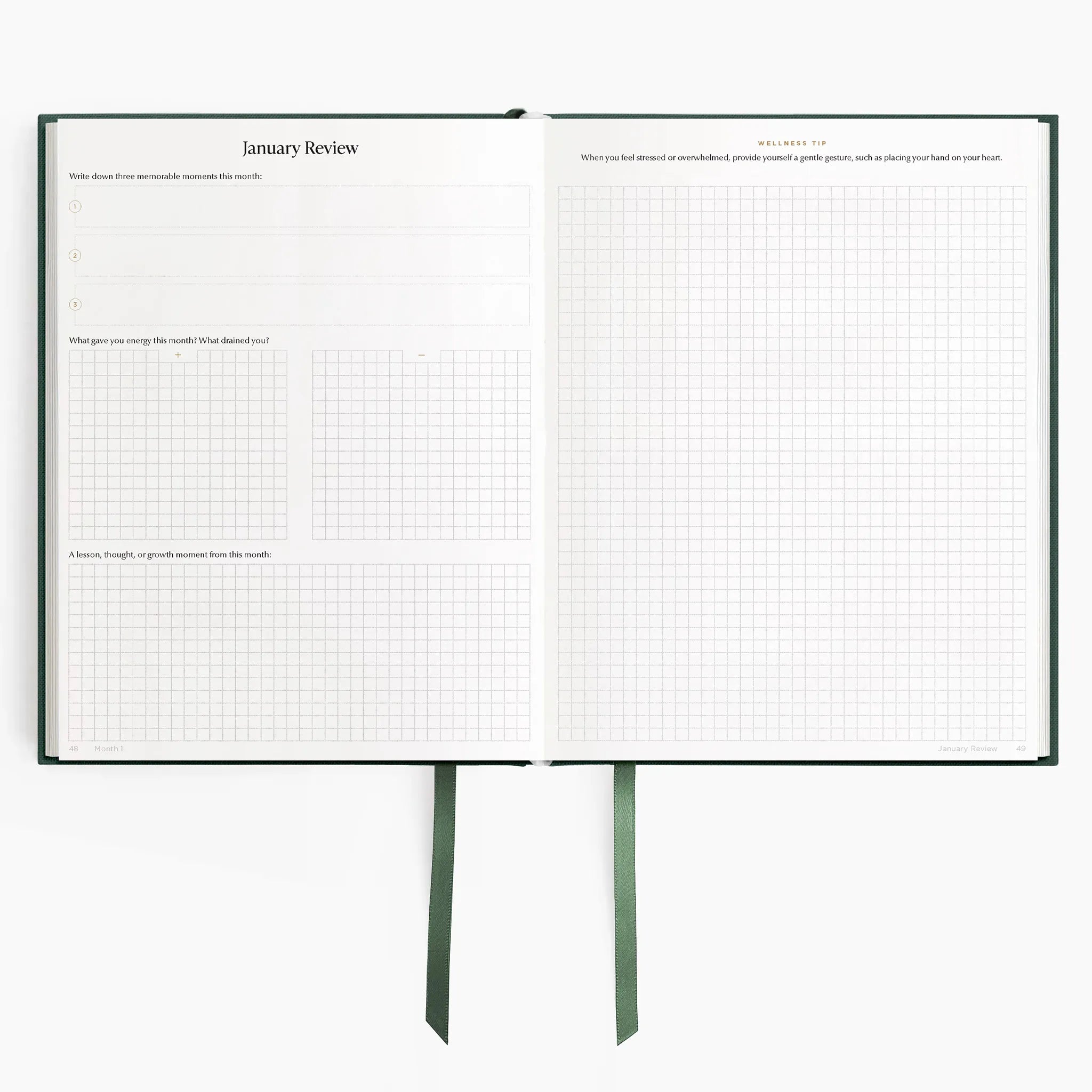 Imperfect 2026 Weekly Planner (Hardcover) in Woodlands - monthly review spread on 120gsm paper #color_woodlands