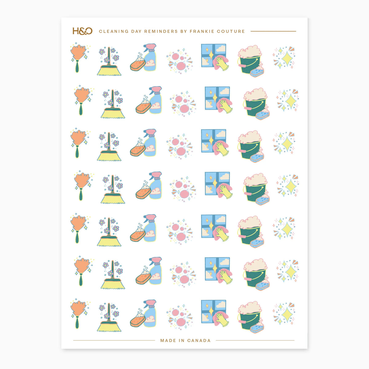 Cleaning Day Reminders sticker sheet by Frankie Couture with dusters, brooms, spray bottles and sudsy buckets