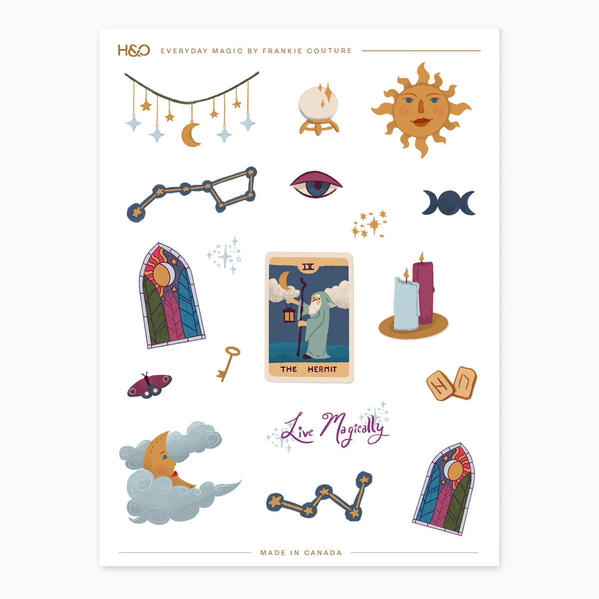 Everyday Magic sticker sheet by Frankie Couture with a crystal ball, tarot card, constellations and candles