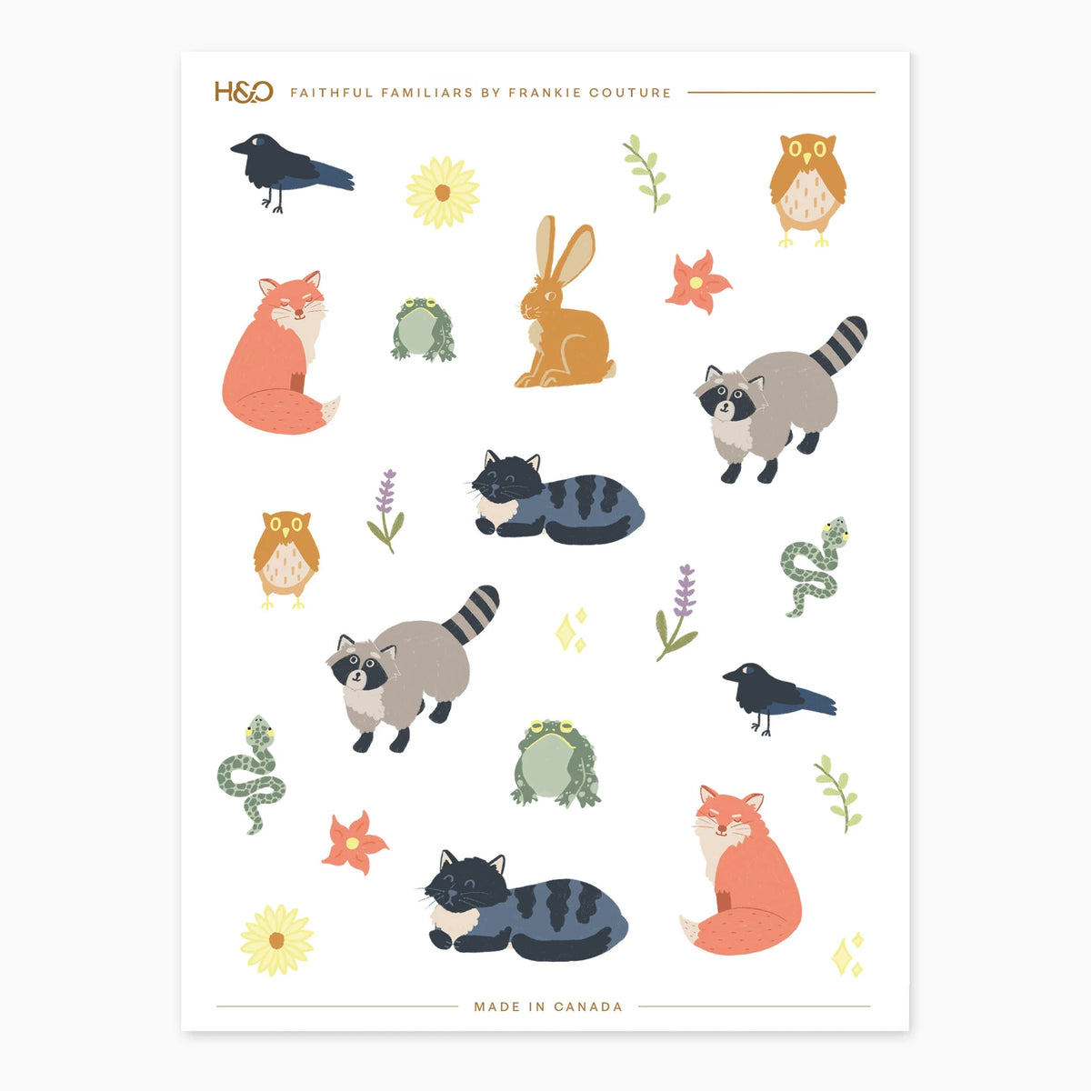 Faithful Familiars sticker sheet by Frankie Couture with a black cat, owl, crow, fox, hare, raccoon, snake and frog