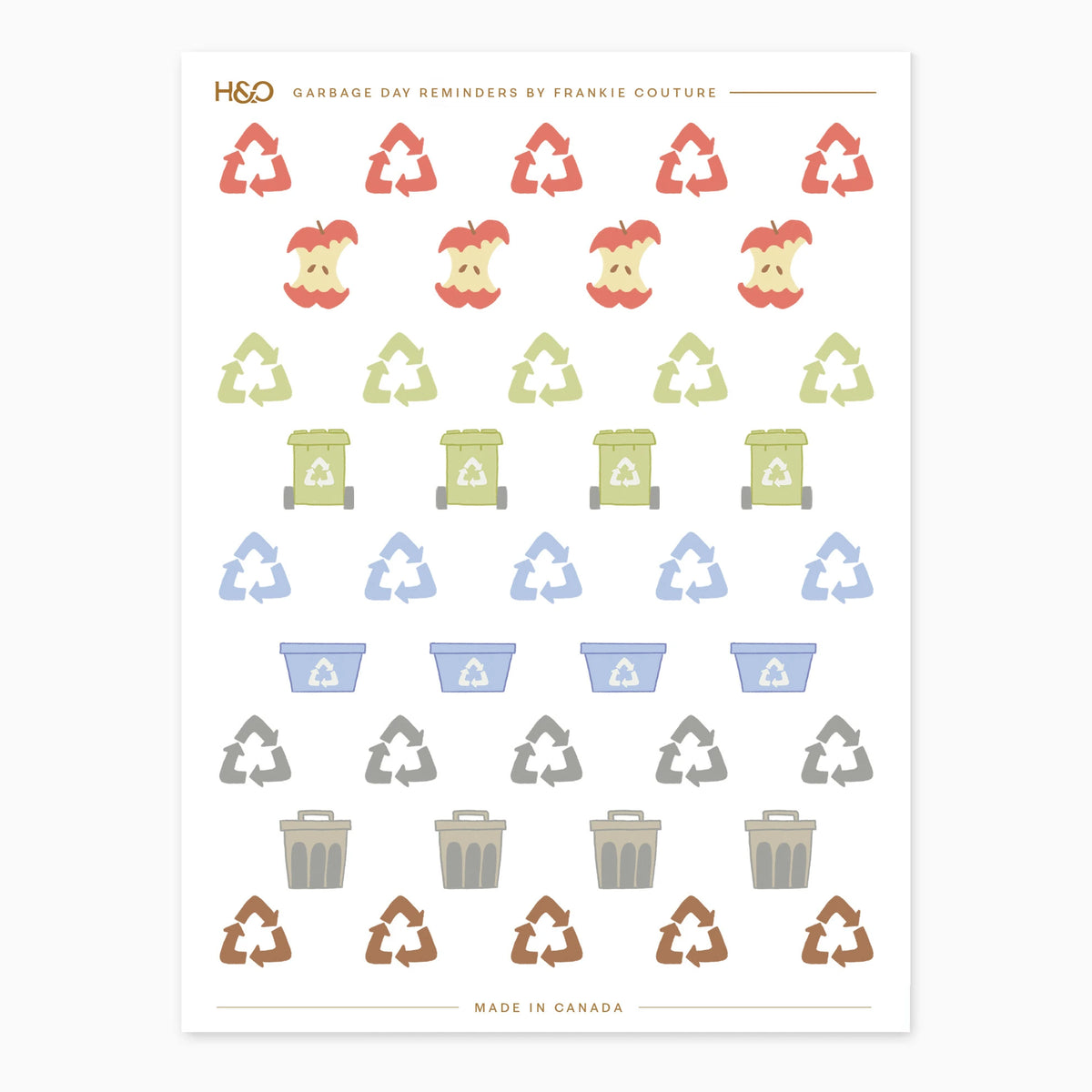 Garbage Day Reminders sticker sheet by Frankie Couture with recycling symbols, bins and compost carts in five colours
