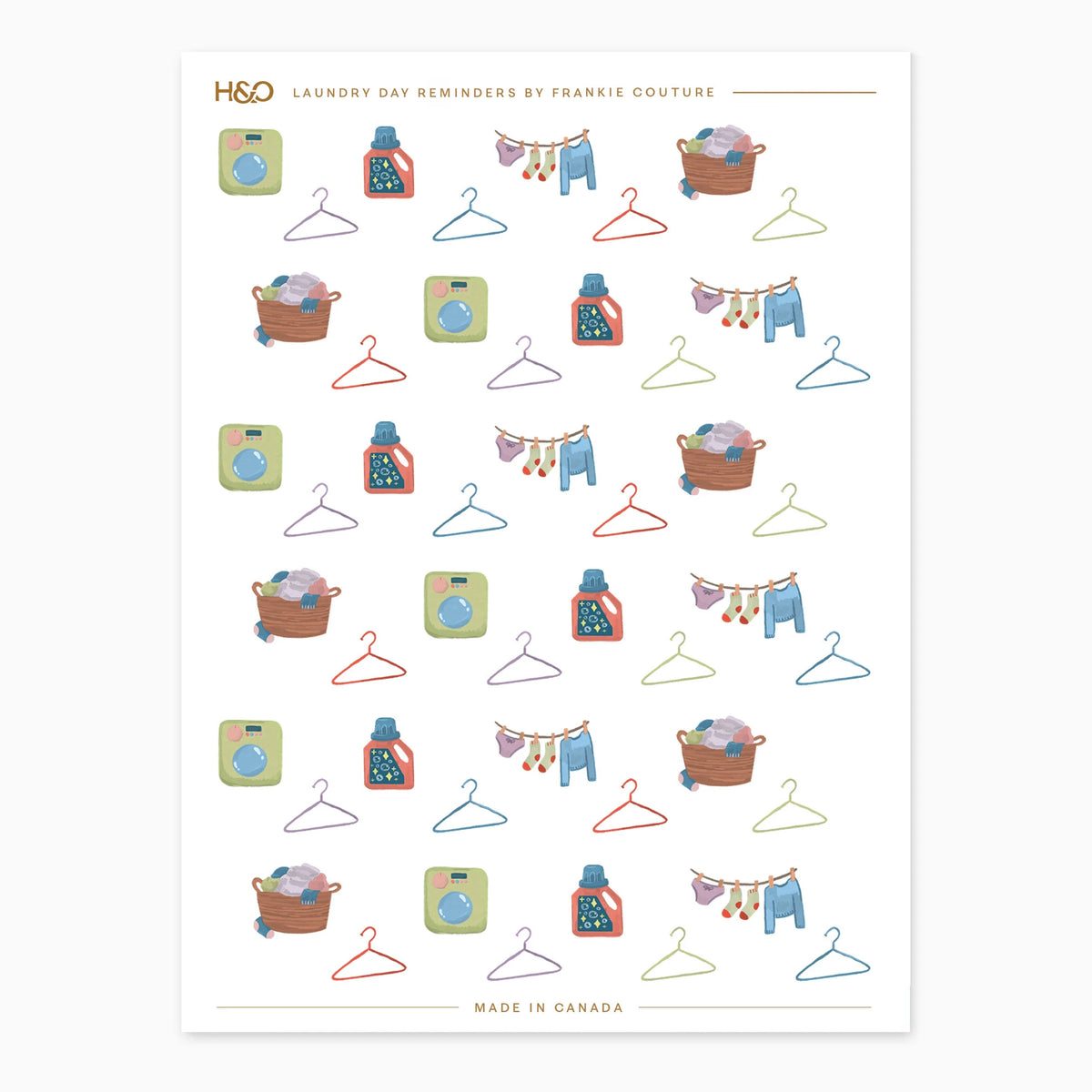 Laundry Day Reminders sticker sheet by Frankie Couture with washing machines, baskets, clotheslines and hangers