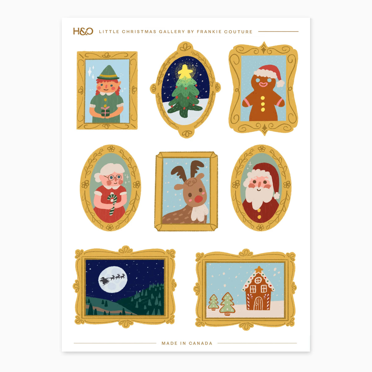 Little Christmas Gallery sticker sheet by Frankie Couture with Santa, Mrs Claus, a reindeer, an elf and a gingerbread house in gilded frames
