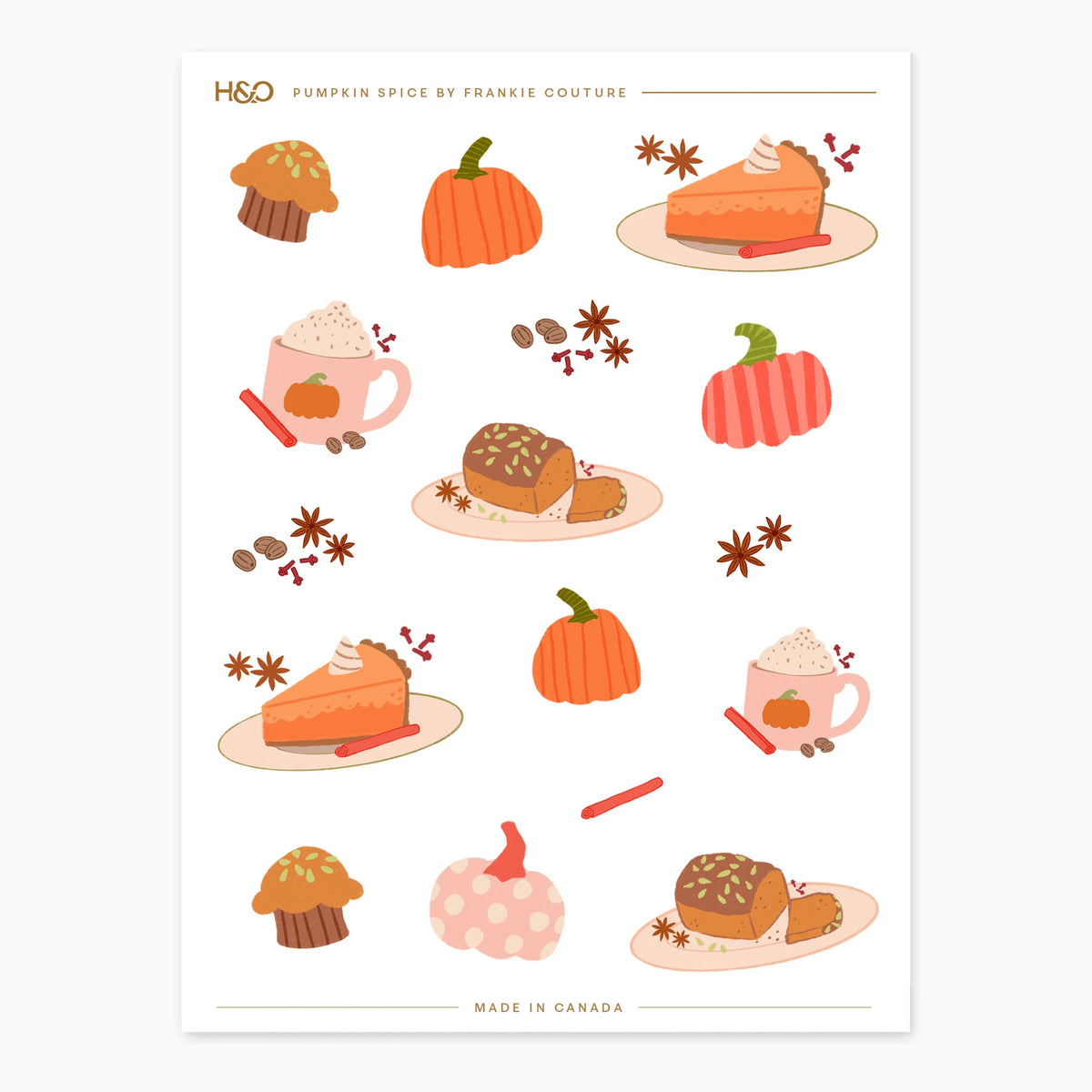 Pumpkin Spice sticker sheet by Frankie Couture with lattes, pumpkin pie, muffins and baking spices