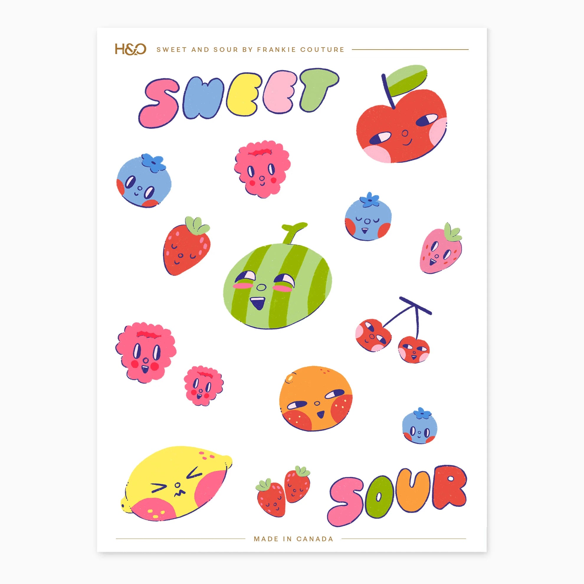 Sweet and Sour sticker sheet by Frankie Couture with 16 illustrated fruit characters