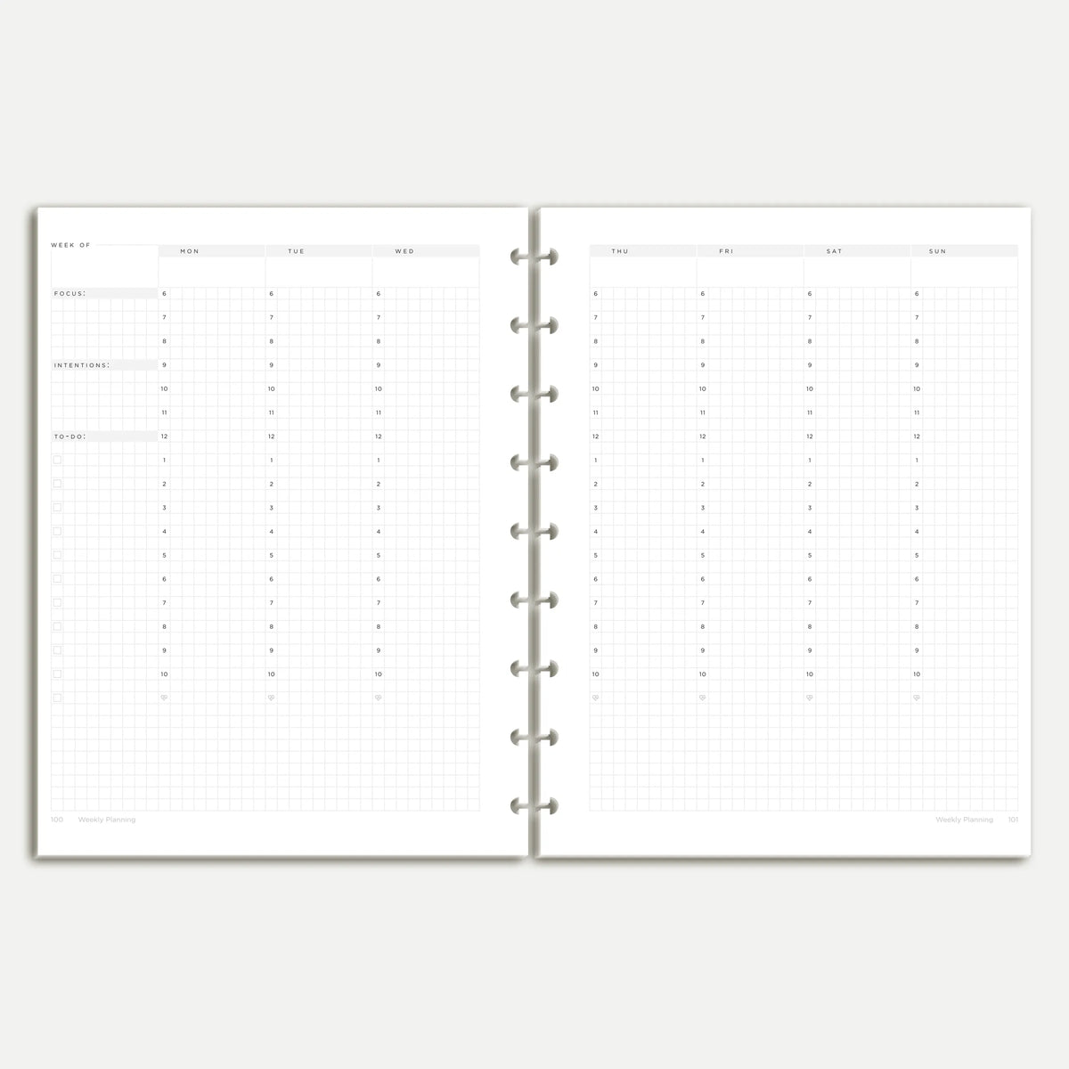 Undated vertical weekly layout in Classic HP nine-disc format, with Monday to Sunday columns, hourly grids, focus, intentions and a to-do list #color_ Discbound - Classic HP