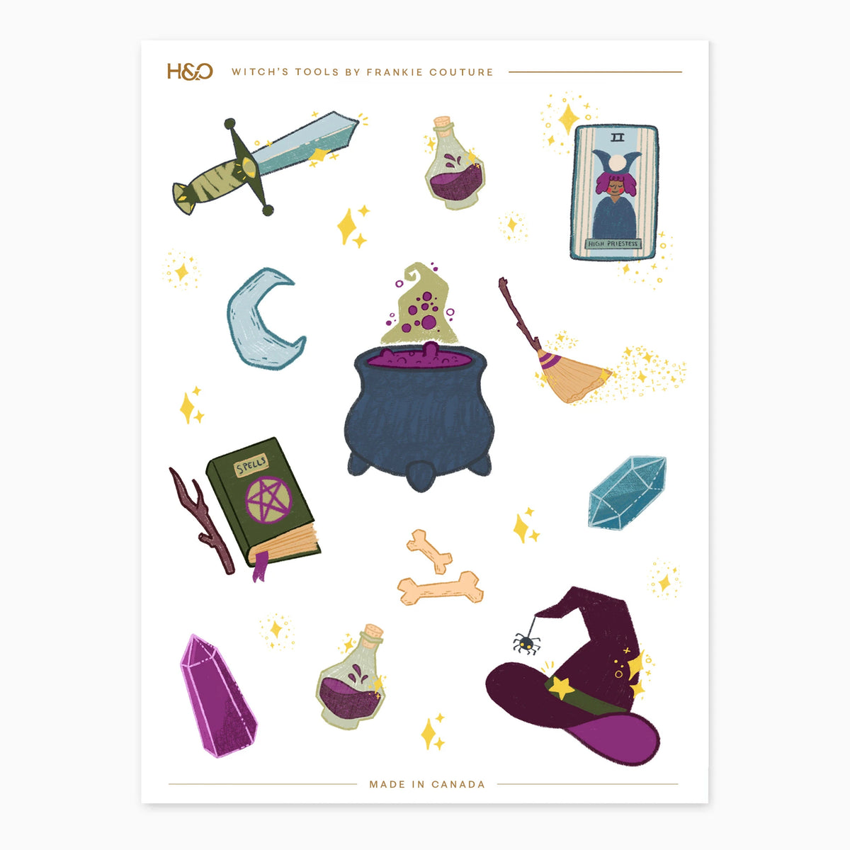 Witch's Tools sticker sheet by Frankie Couture with a cauldron, spell book, potion bottles, crystals, tarot card and a sparkling broom