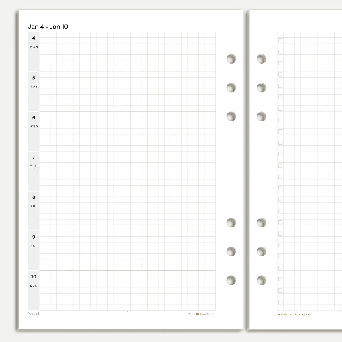 Close view of the January 4 to 10, 2027 horizontal weekly layout with daily grid writing space, A5 six-ring inserts