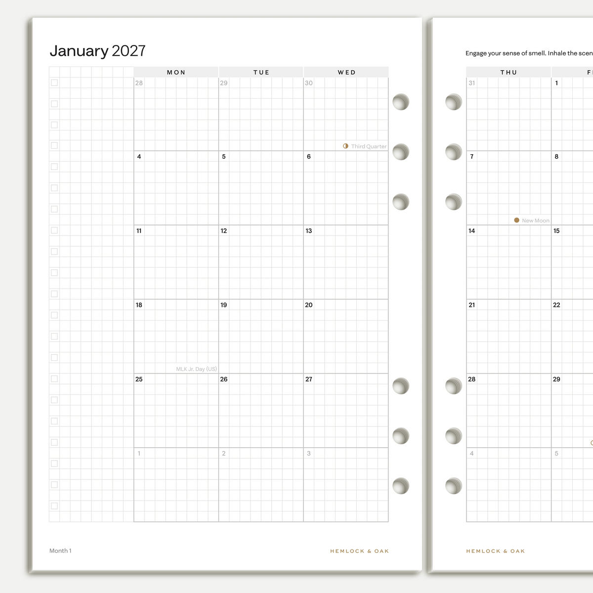 Close view of January 2027 monthly calendar inserts with grid writing space and six-ring A5 punches