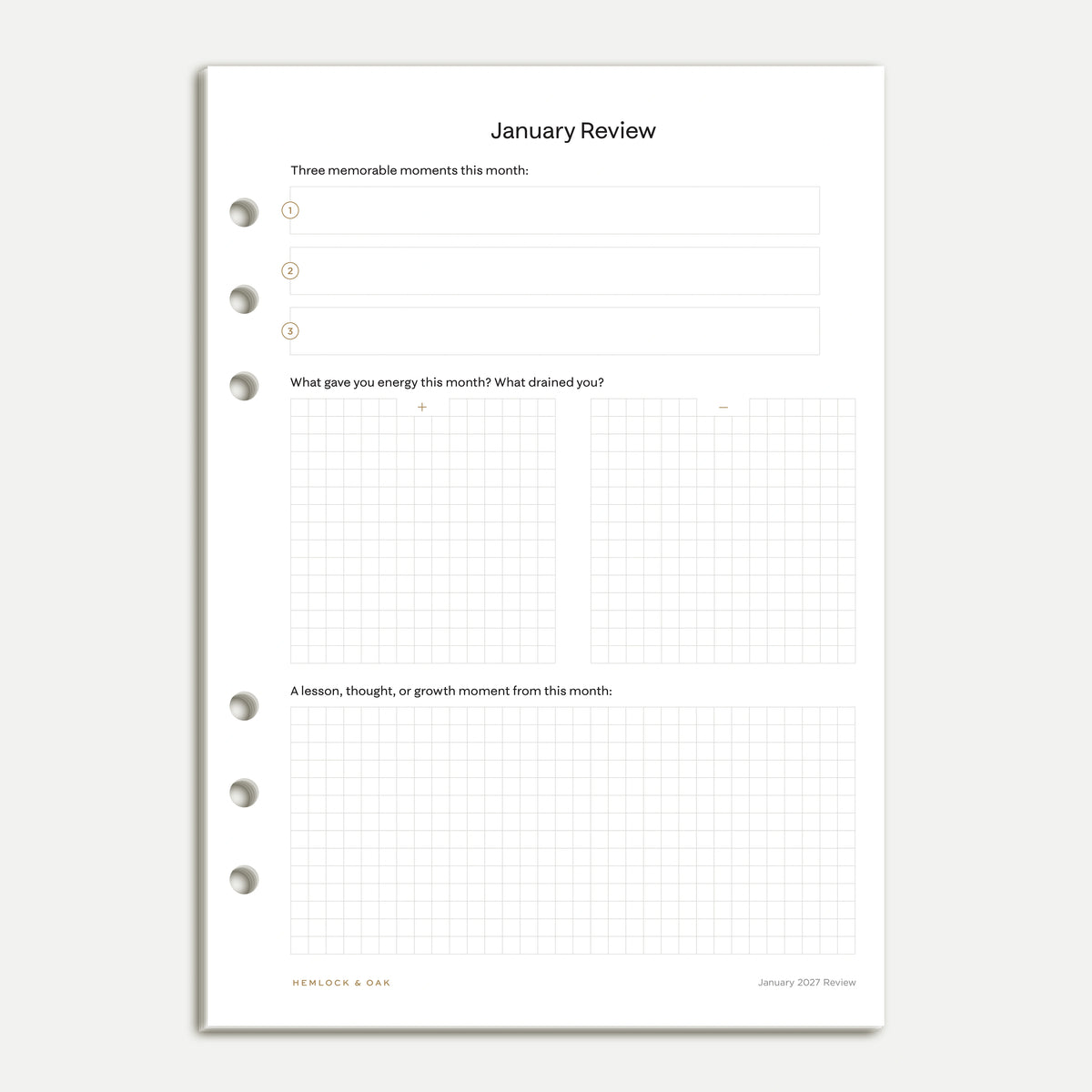 January 2027 monthly review insert in A5 six-ring format, with memorable moments, energy reflections and a lesson or growth moment