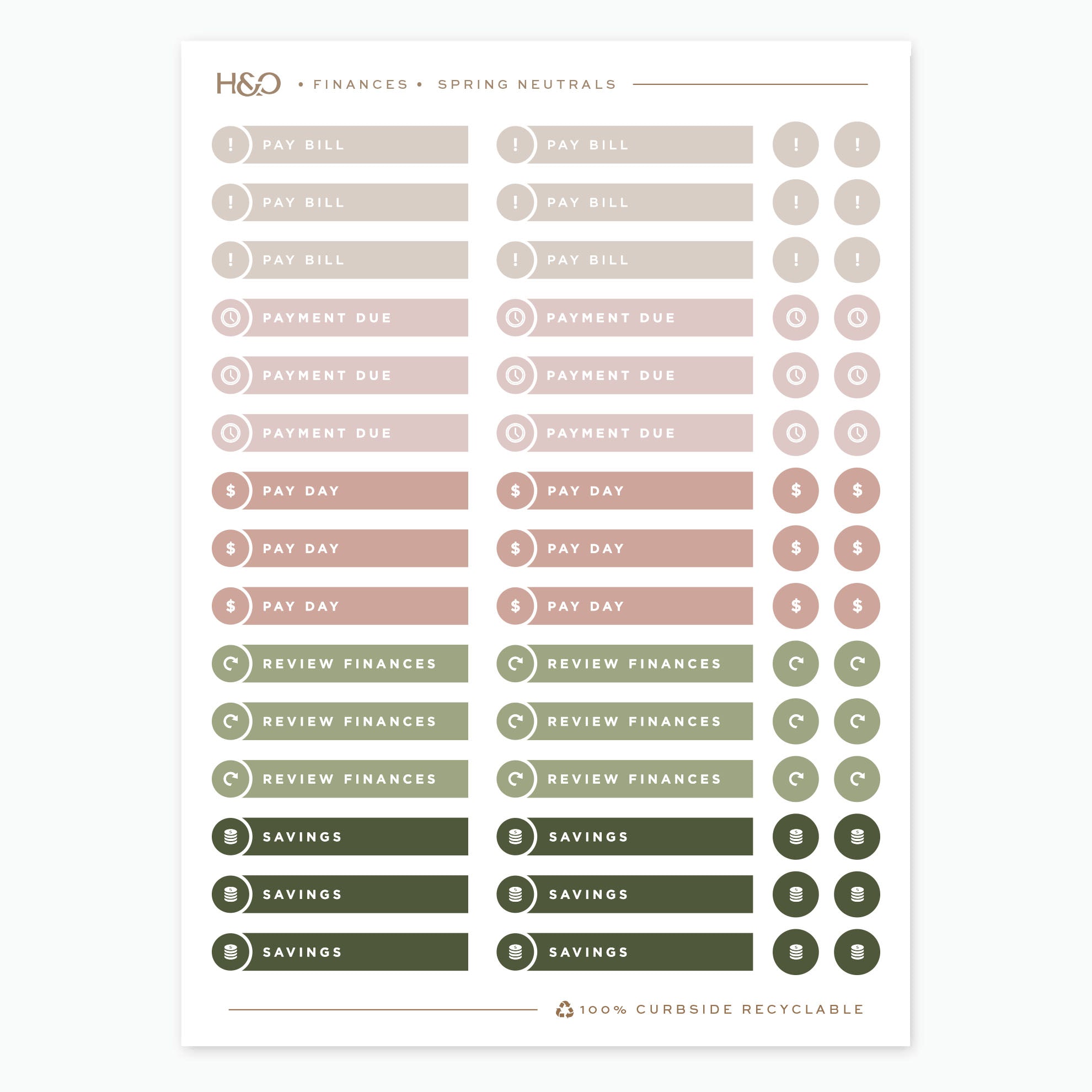 Finance planner stickers in Spring Neutrals, Hemlock & Oak