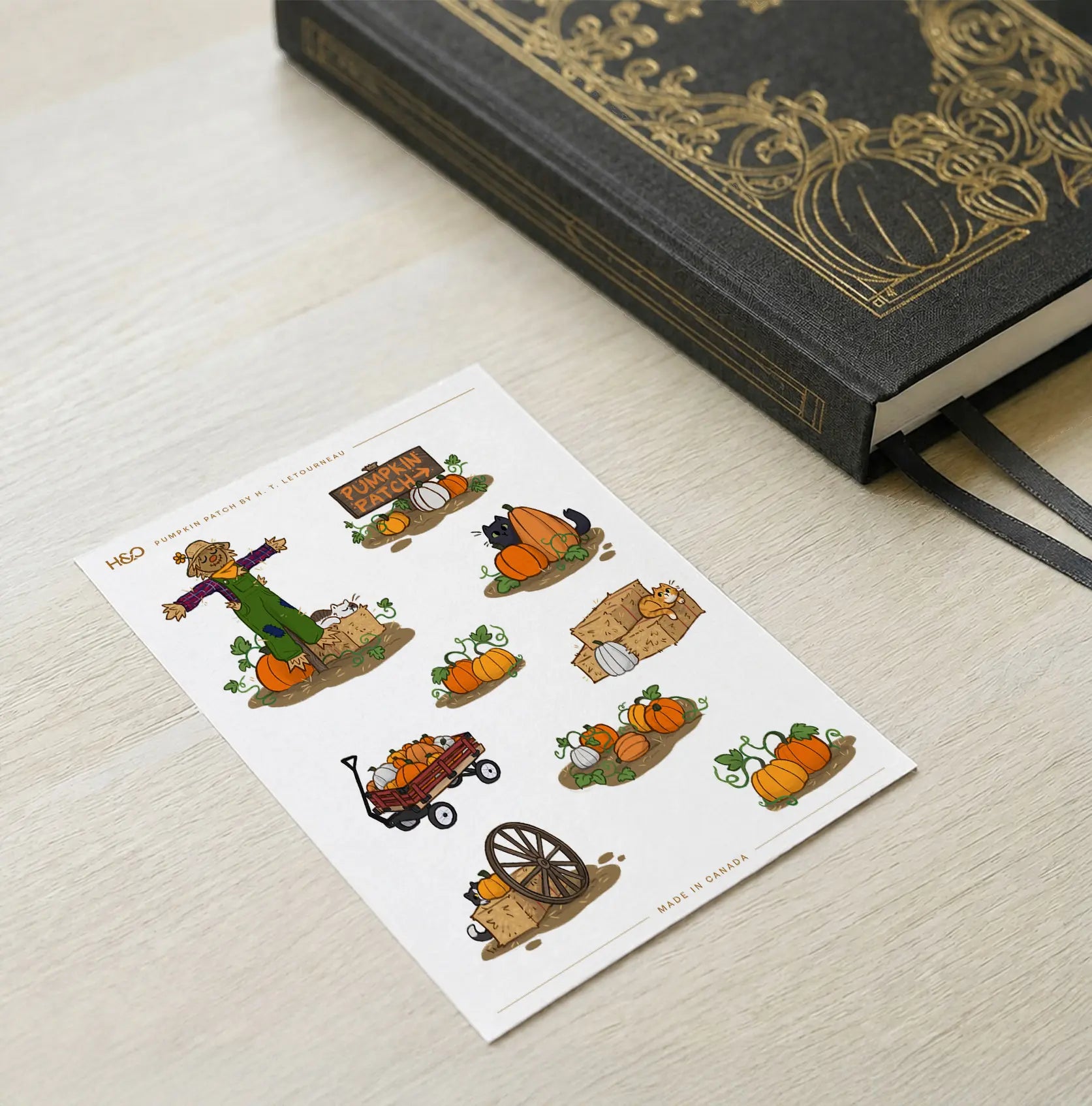 Pumpkin Patch stickers shown with an open notebook for scale