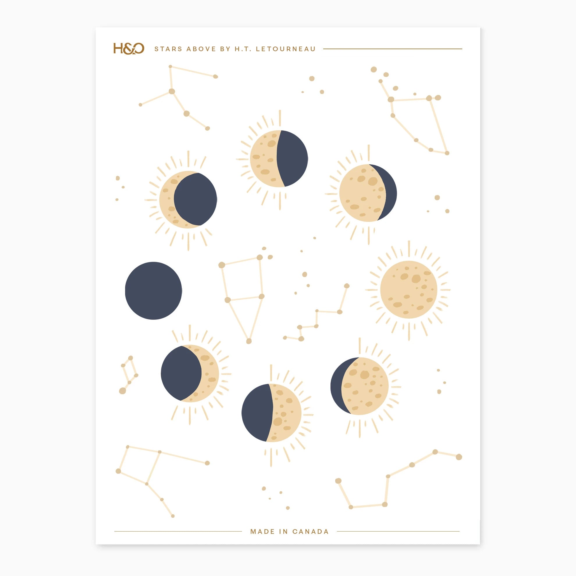 Stars Above sticker sheet by H. T. Letourneau: eight illustrated moon phases in gold and navy with seven constellations and scattered stars