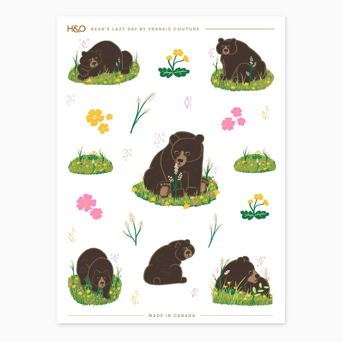 Bear's Lazy Day sticker sheet by Frankie Couture with black bears resting in grassy meadows among buttercups and wildflowers
