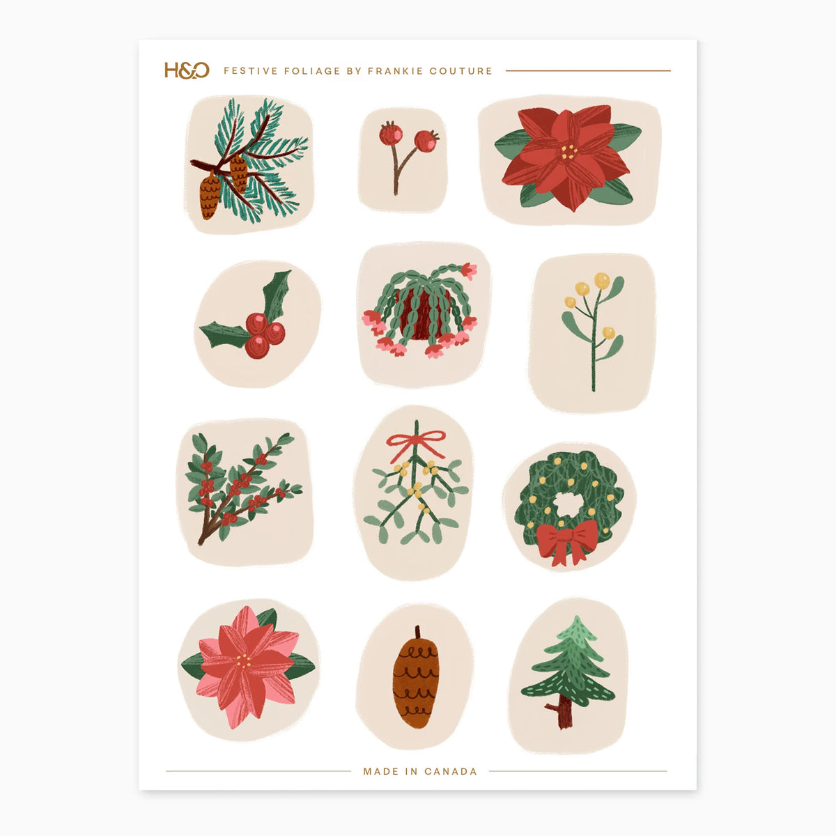 Festive Foliage sticker sheet by Frankie Couture with poinsettias, holly, mistletoe, winterberry, a wreath and a Christmas cactus