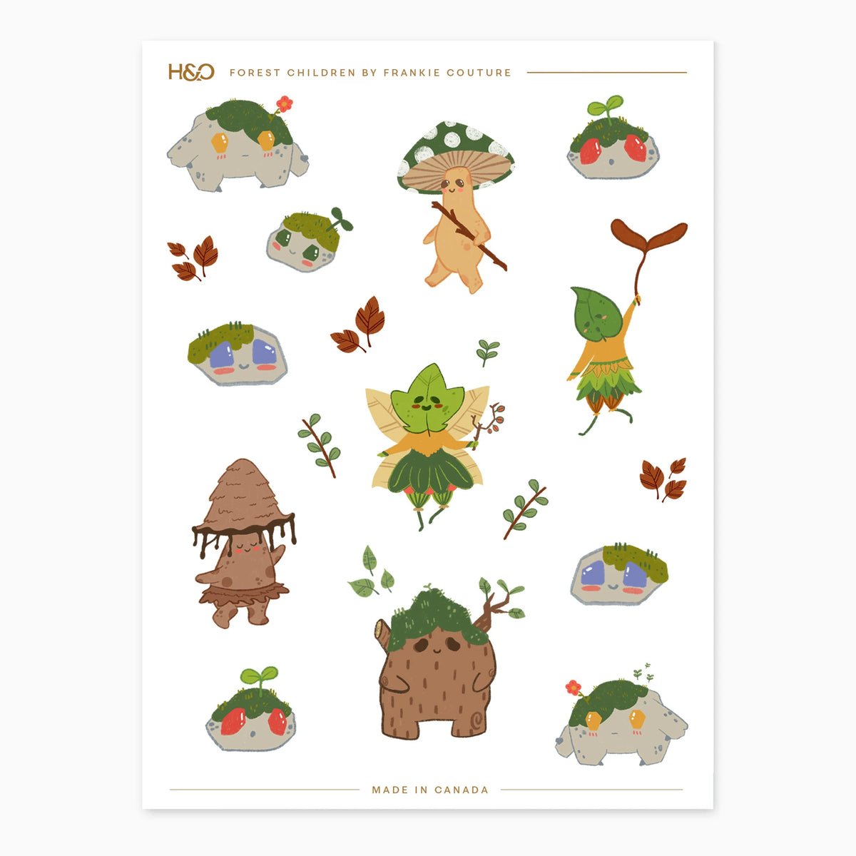 Forest Children sticker sheet by Frankie Couture with mossy stone creatures, a mushroom child, a leaf fairy and a little tree spirit