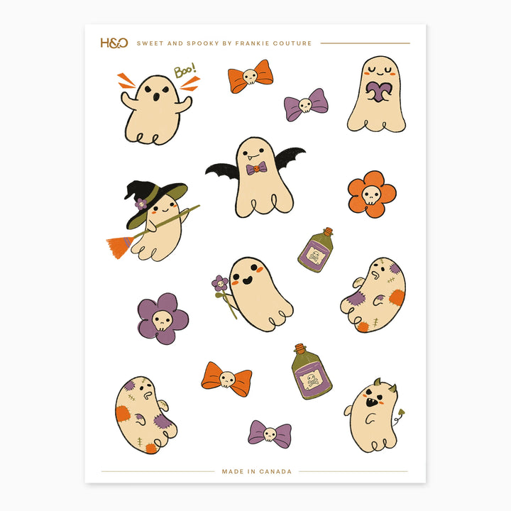 Sweet and Spooky sticker sheet by Frankie Couture with friendly ghosts, skull flowers, poison bottles and tiny bows