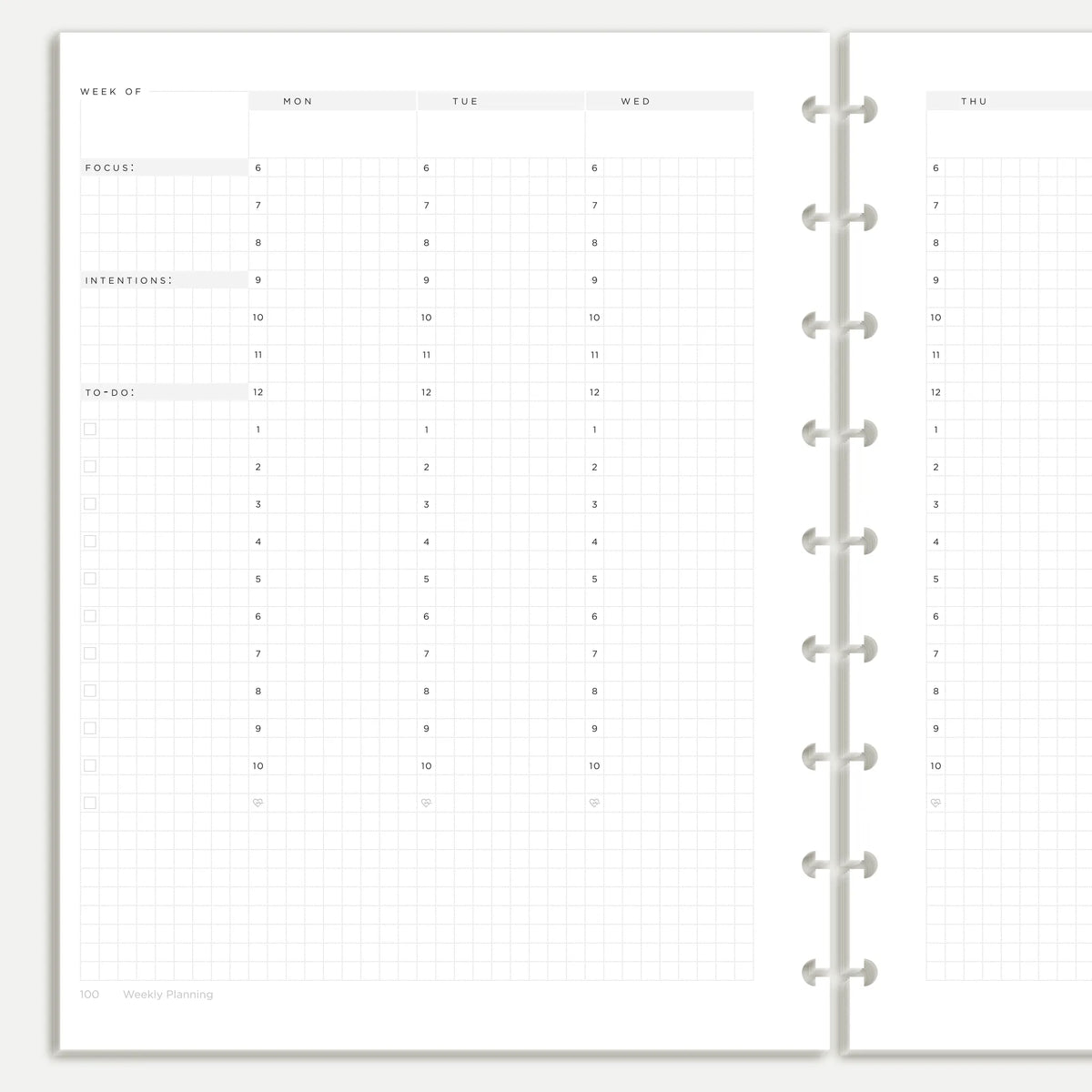 Close view of the undated vertical weekly layout in Classic HP nine-disc format, showing focus, intentions, the to-do list and hourly writing space #Size_ Discbound - Classic HP