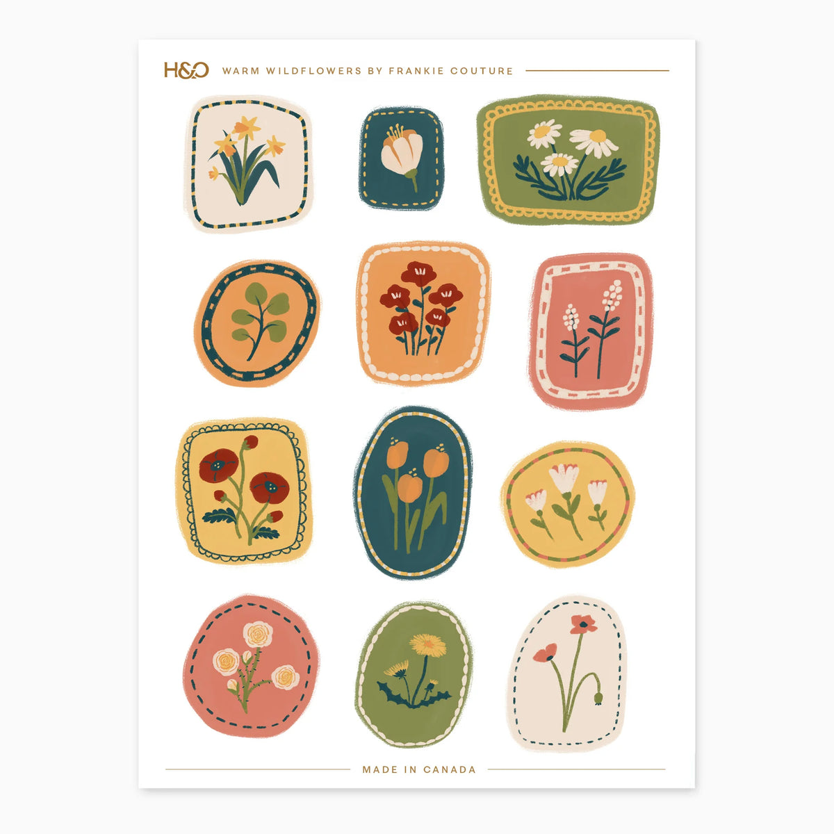 Warm Wildflowers sticker sheet by Frankie Couture with daffodils, daisies, poppies, tulips and dandelions in stitched and scalloped frames