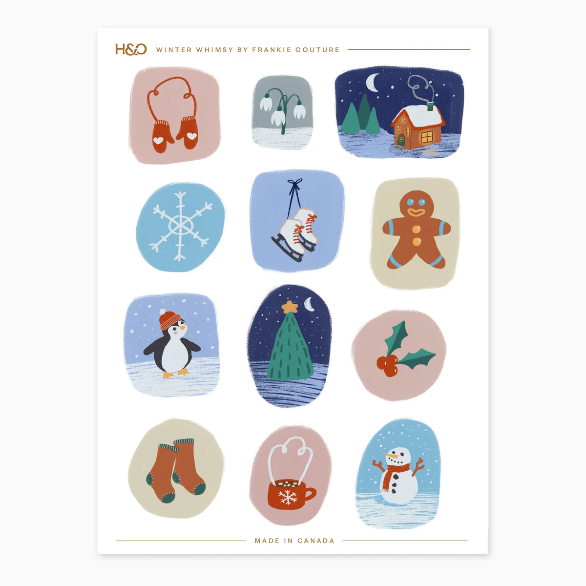 Winter Whimsy sticker sheet by Frankie Couture with mittens, cocoa, ice skates, a penguin in a toque and a lit cottage in the snow