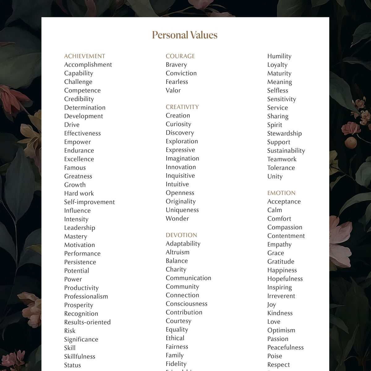 Differant Values Personal Values List Download | Hemlock & Oak