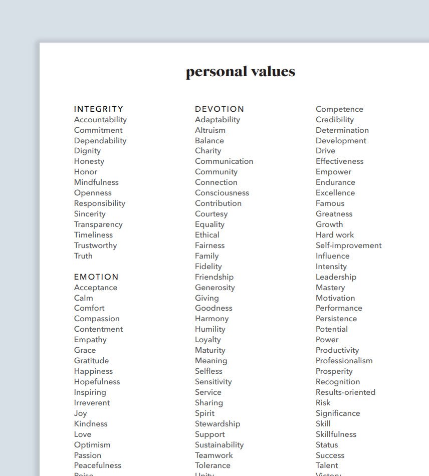 Printable Values List - Hemlock & Oak