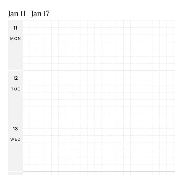 Horizontal weekly layout: a close-up of a real 2027 planner page