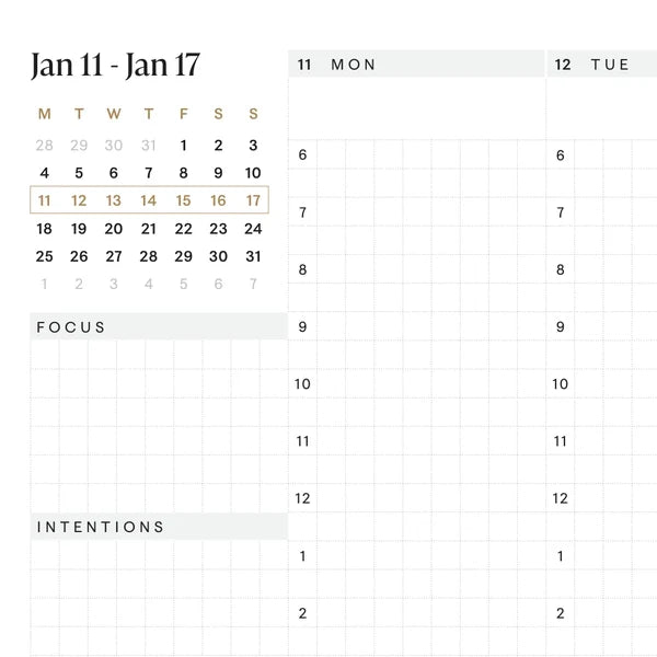 Vertical weekly layout: a close-up of a real 2027 planner page